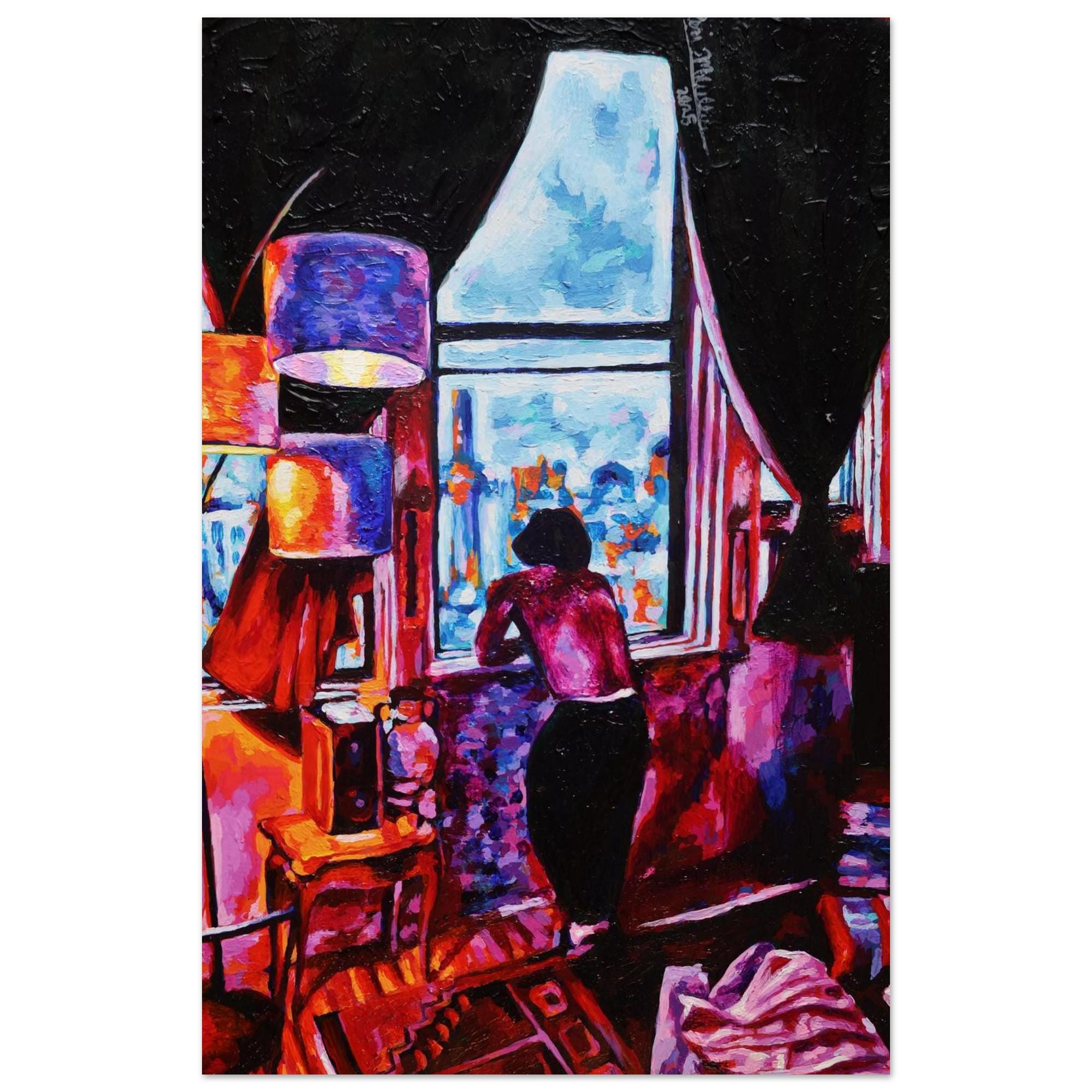 Domain, a vivid red, blue, and black interior painting