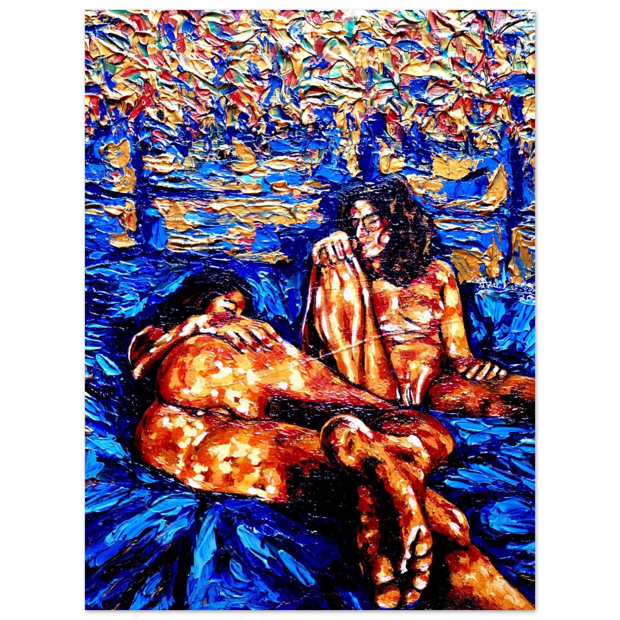 Golden Girls, a richly textured blue and ochre figurative painting